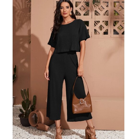 Black Drop Shoulder Crop Tee & Wide Leg Pants Set - Picture 2 of 5